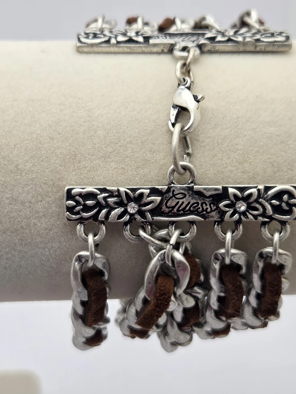 ​GUESS Silver Tone Multi Strand Wide Chain & Brown Suede Cuff Bracelet